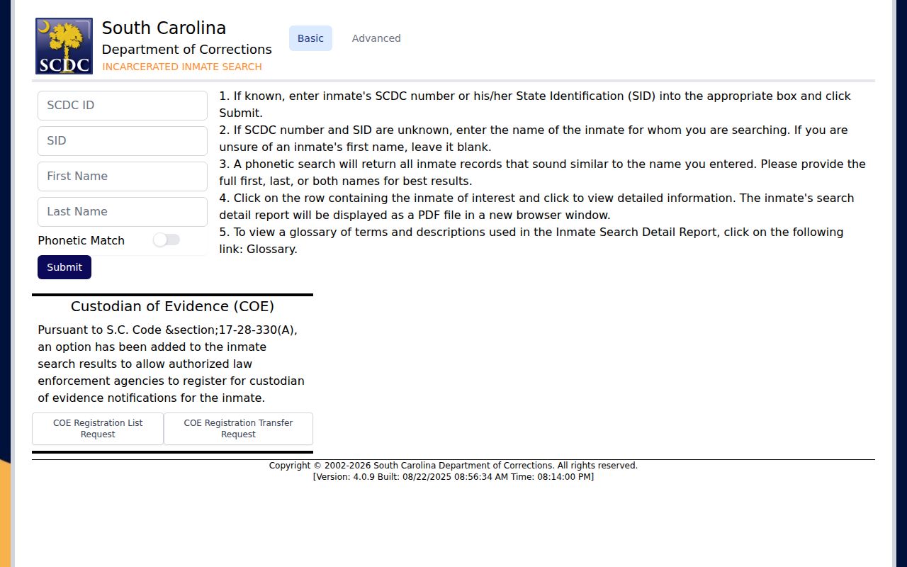 McCormick County projected release date fields in the SCDC offender search