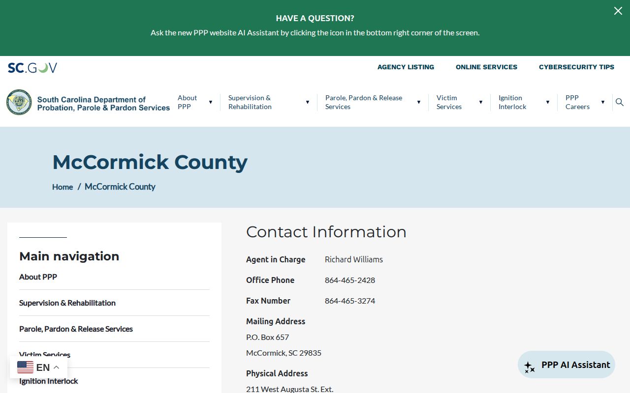 McCormick County parole and probation office supervision categories